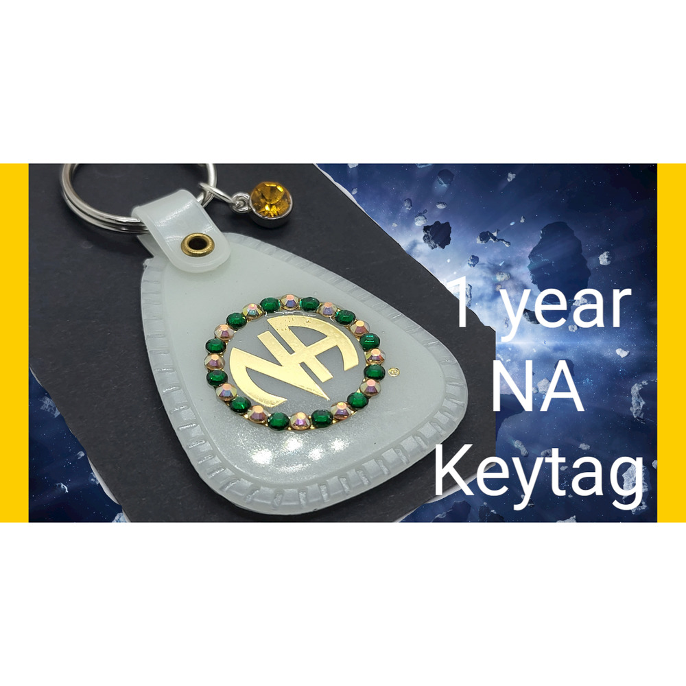 NA Narcotics Anonymous 1 year glow-in-the-dark keytag modified w gems & a charm